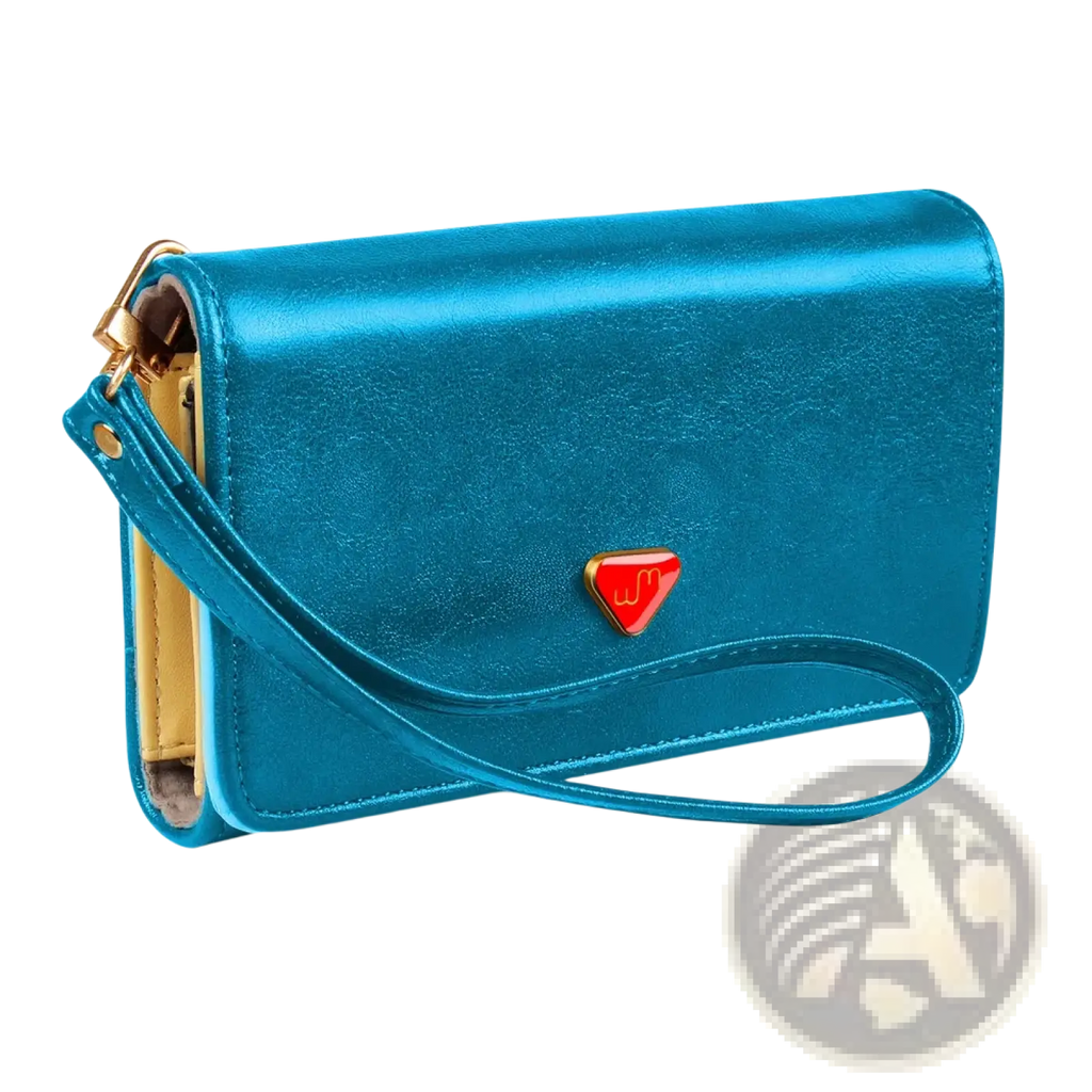 Slim women’s teal pu leather wristlet wallet with coin pocket featuring a vibrant teal metallic phone case with red logo and gold hardware