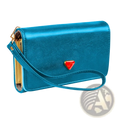 Slim women’s teal pu leather wristlet wallet with coin pocket featuring a vibrant teal metallic phone case with red logo and gold hardware