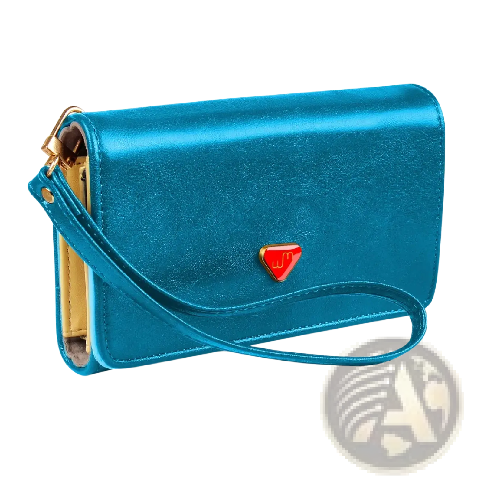Slim women’s teal pu leather wristlet wallet with coin pocket featuring a vibrant teal metallic phone case with red logo and gold hardware