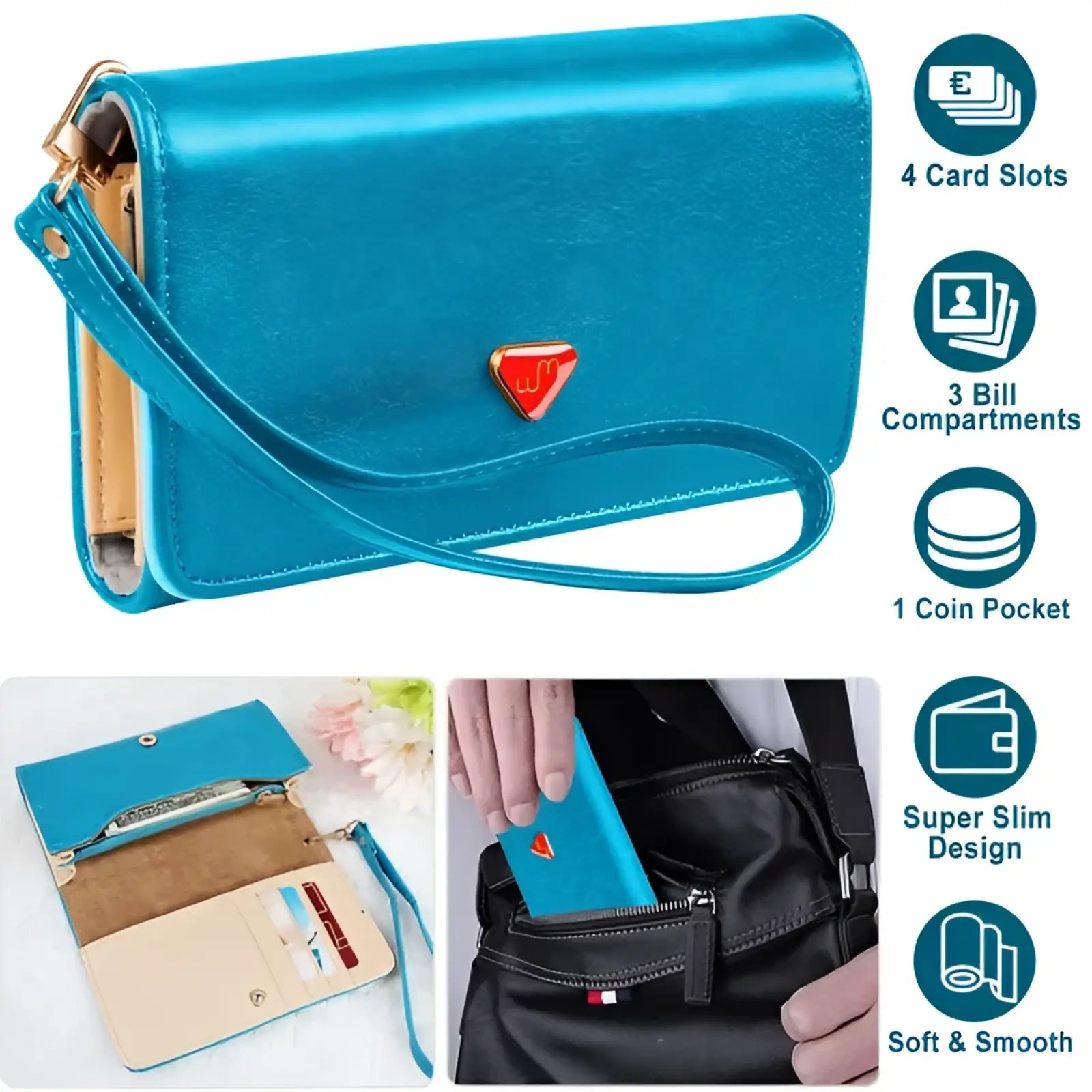 Slim women’s teal pu leather wristlet wallet with turquoise metallic finish red triangular logo and adjustable wrist strap