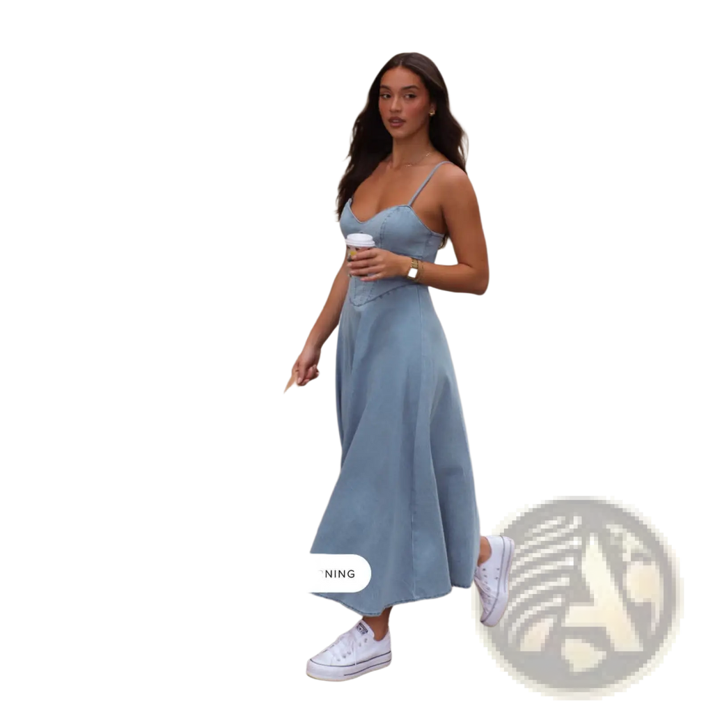 Light blue slimming faux denim midi dress with fitted bodice and thin spaghetti straps