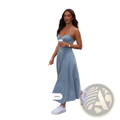 Light blue slimming faux denim midi dress with fitted bodice and thin spaghetti straps