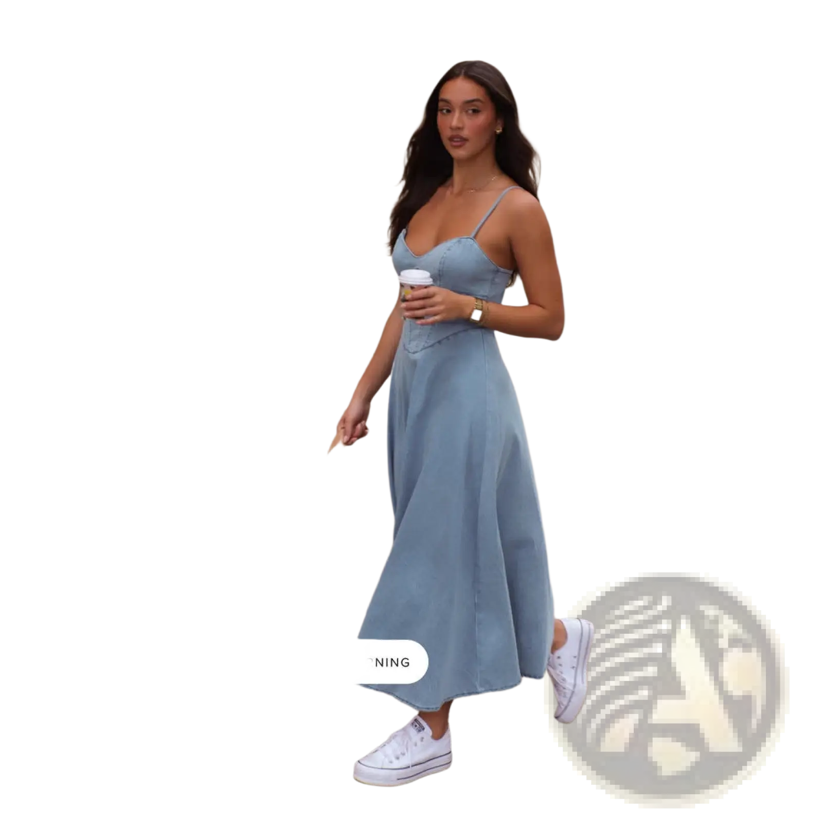 Light blue slimming faux denim midi dress with fitted bodice and thin spaghetti straps