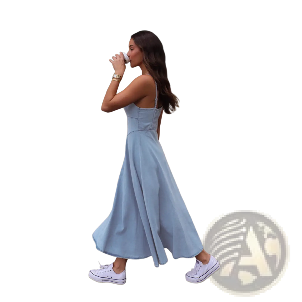 A woman wearing a slimming light blue faux denim midi dress with spaghetti straps and a fitted bodice