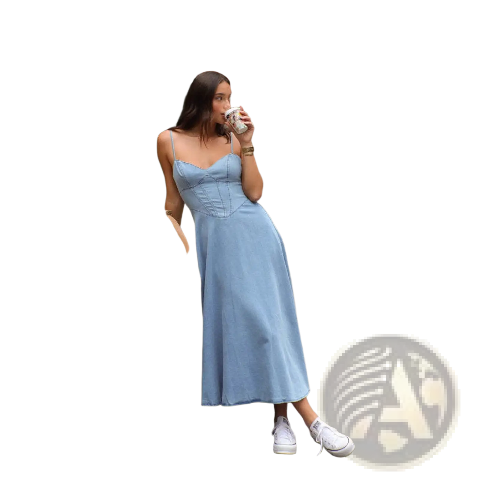 Slimming light blue faux denim midi dress with thin spaghetti straps and a fitted bodice