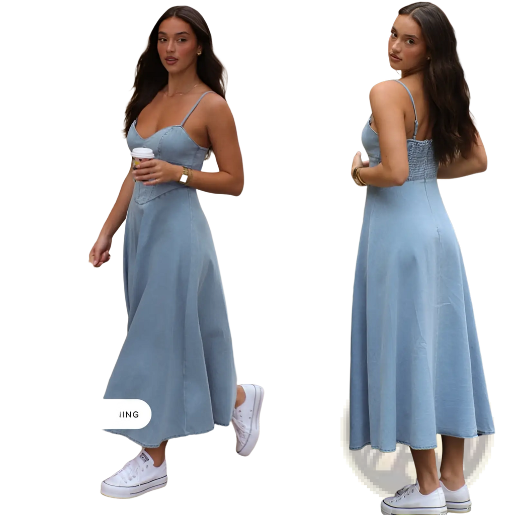 Slimming light blue faux denim midi dress with textured bodice and thin spaghetti straps for a stylish look