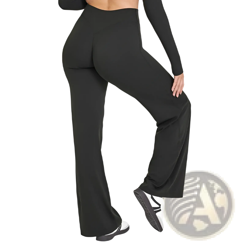 Black high-waisted slimming yoga pants with straight leg design in smooth stretchy fabric for comfortable wear