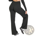 Black high-waisted slimming yoga pants with straight leg design in smooth stretchy fabric for comfortable wear