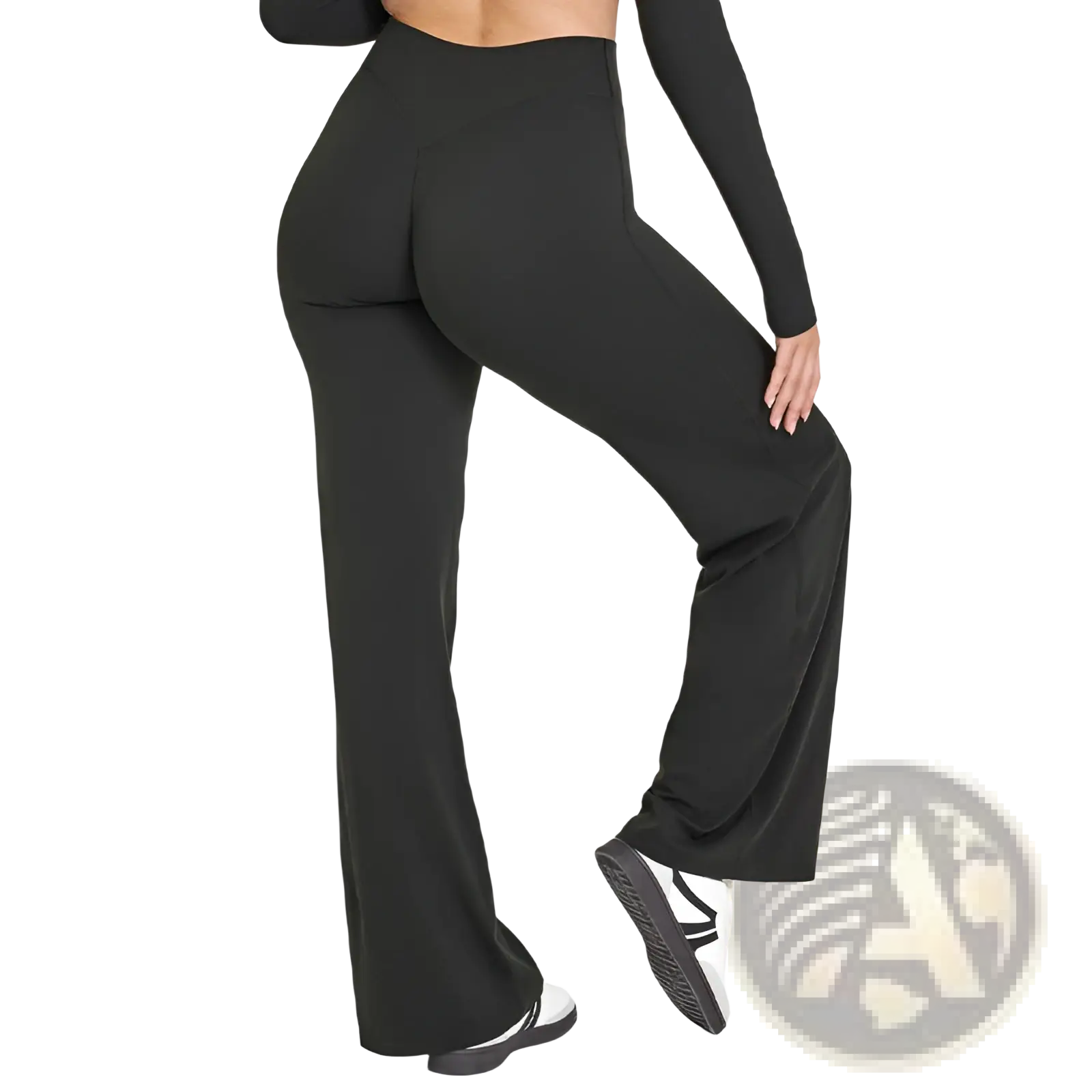 Black high-waisted slimming yoga pants with straight leg design in smooth stretchy fabric for comfortable wear