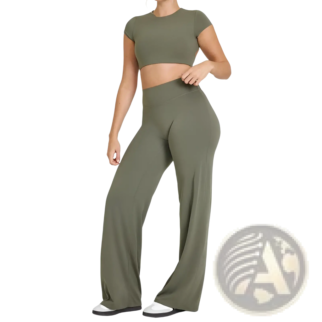 Olive green high waisted wide leg workout pants designed for slimming and yoga with straight leg fit