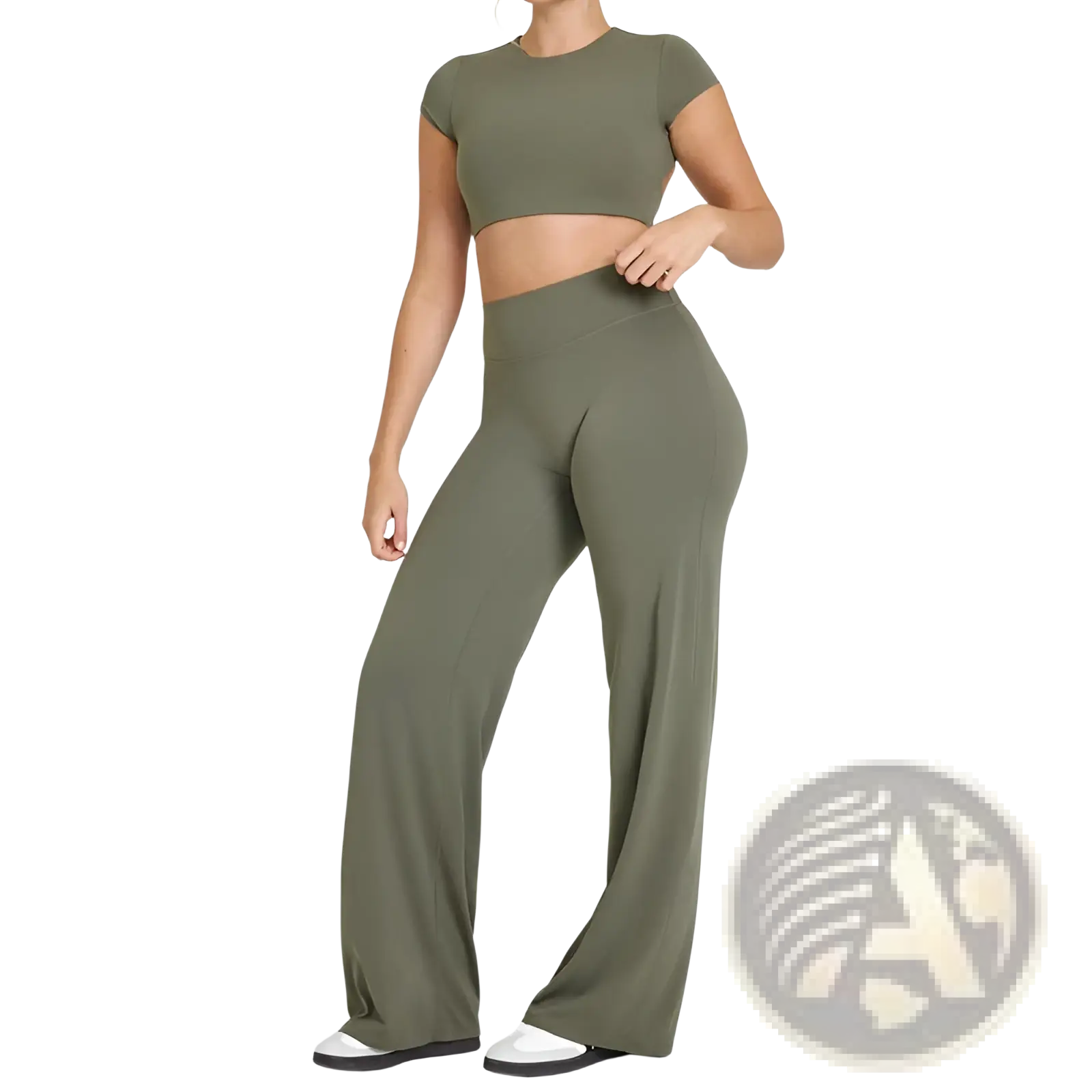 Olive green high waisted wide leg workout pants designed for slimming and yoga with straight leg fit