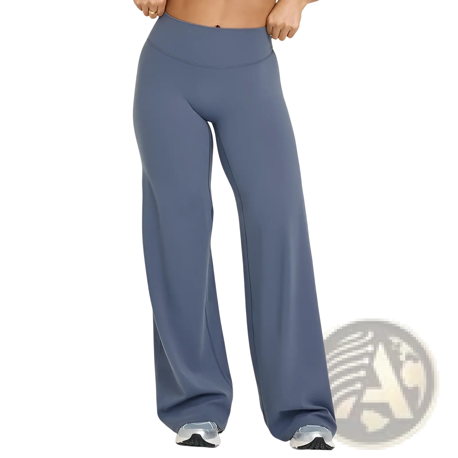 A pair of high-waisted gray slimming yoga pants with wide-leg straight cut in smooth stretchy fabric