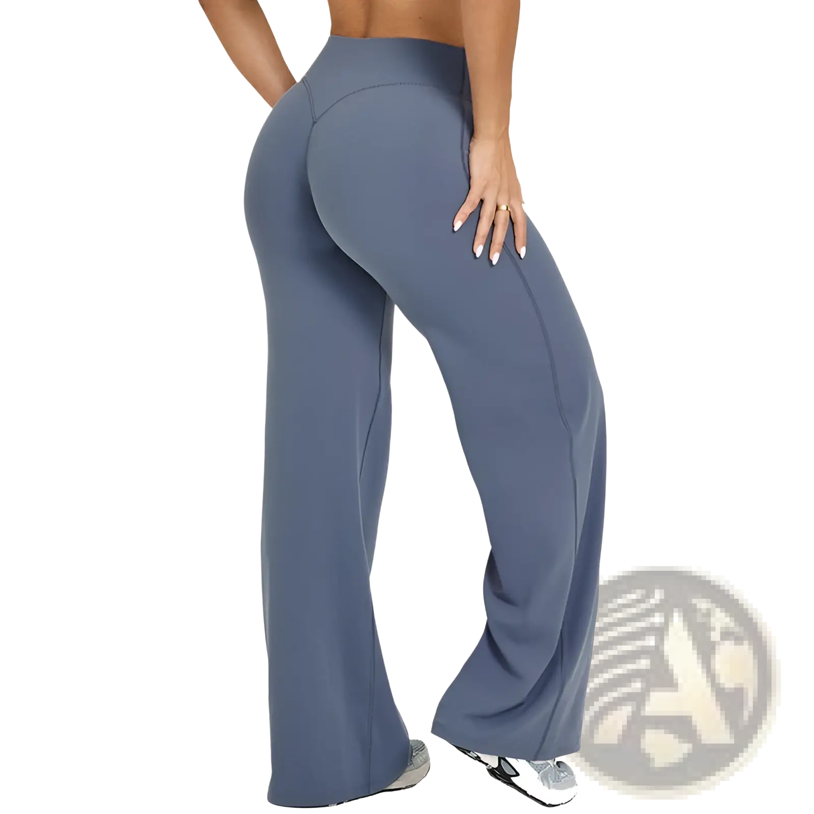 A pair of slimming yoga pants high waisted straight leg in solid slate blue with smooth stretchy fabric and side seam detailing