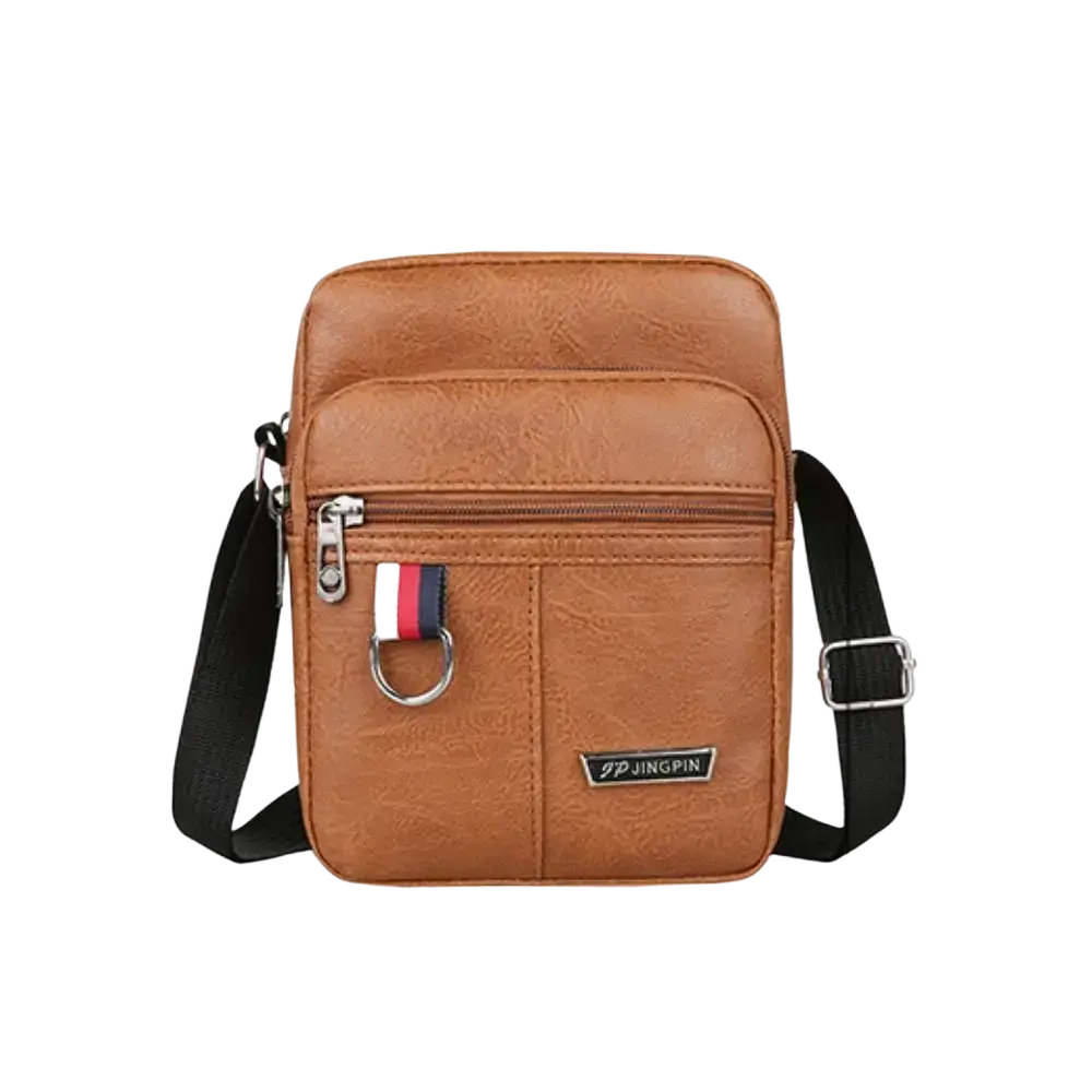 Brown leather sling bag messenger with black strap and silver zipper accents for casual use