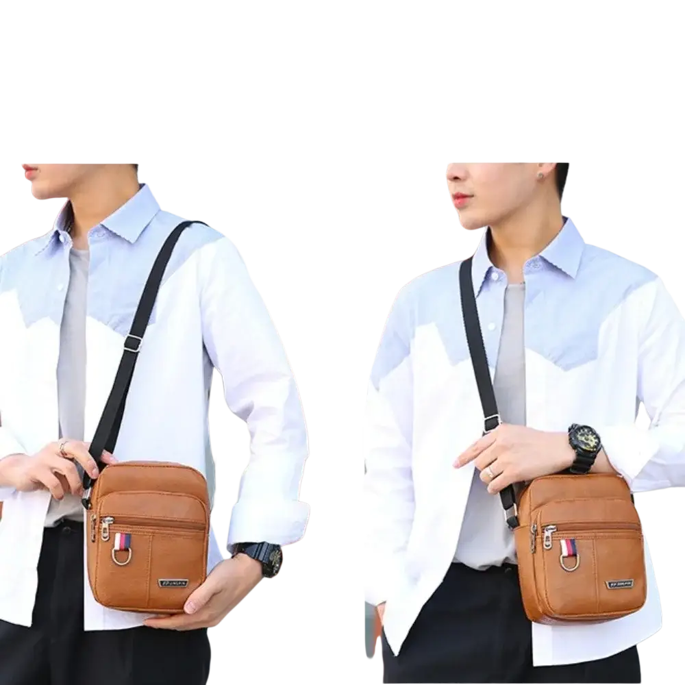 Brown leather sling bag messenger with black strap and zipper details for casual use shoulder crossbody style