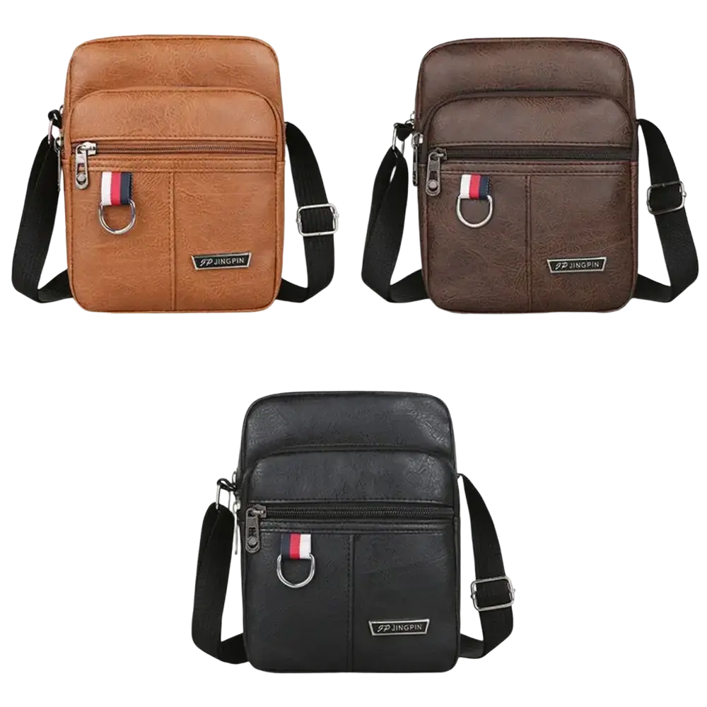 Brown and black faux leather sling bag messenger with zippers metal rings and red-white-blue striped tab for casual use