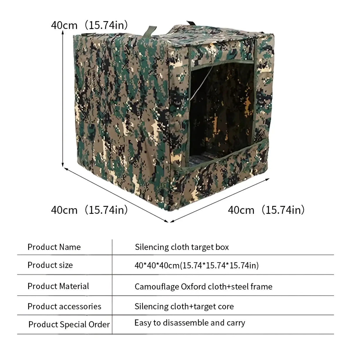 A cube-shaped slingshot target box with camouflage oxford cloth exterior and steel frame measuring 40cm each side