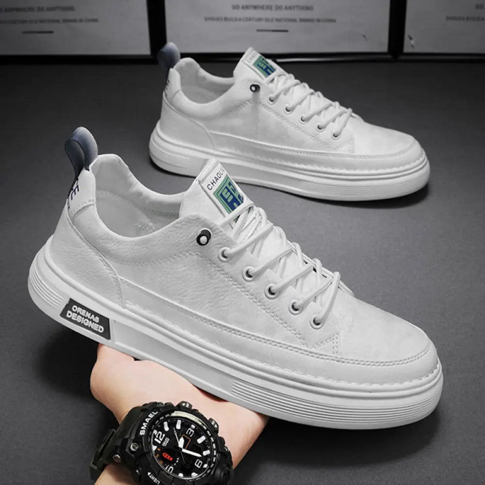 Men’s casual suede and leather slip-on sneakers in white canvas with thick chunky sole and subtle heel branding backside view
