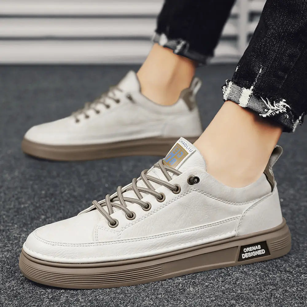 Men’s casual suede and leather slip-on low-top sneakers in white leather with gray laces and brown rubber sole back view