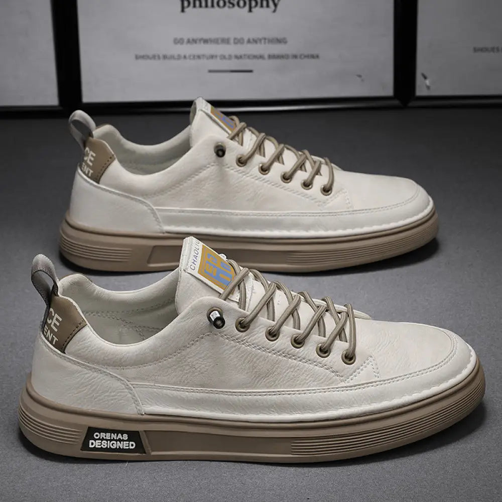 Men’s casual suede and leather slip-on sneakers in white canvas with beige laces and subtle heel branding shown from back