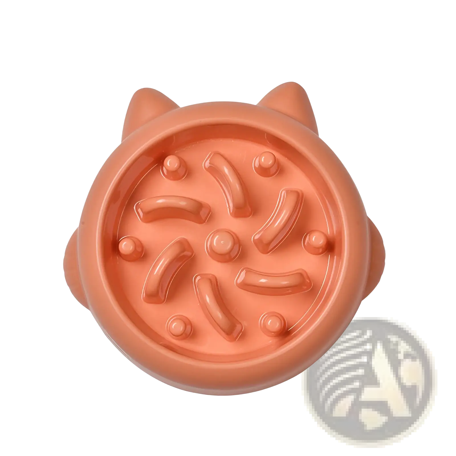 Coral-colored silicone slow feeder dog bowl shaped like a cat with raised ridges for anti gulping