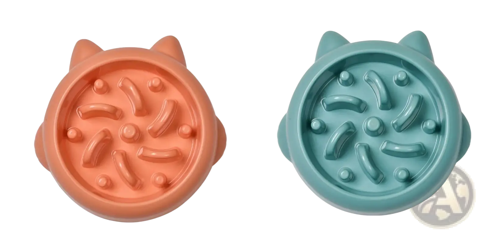 Coral and teal silicone cat-shaped slow feeder dog bowls with raised ridges for anti gulping feeding