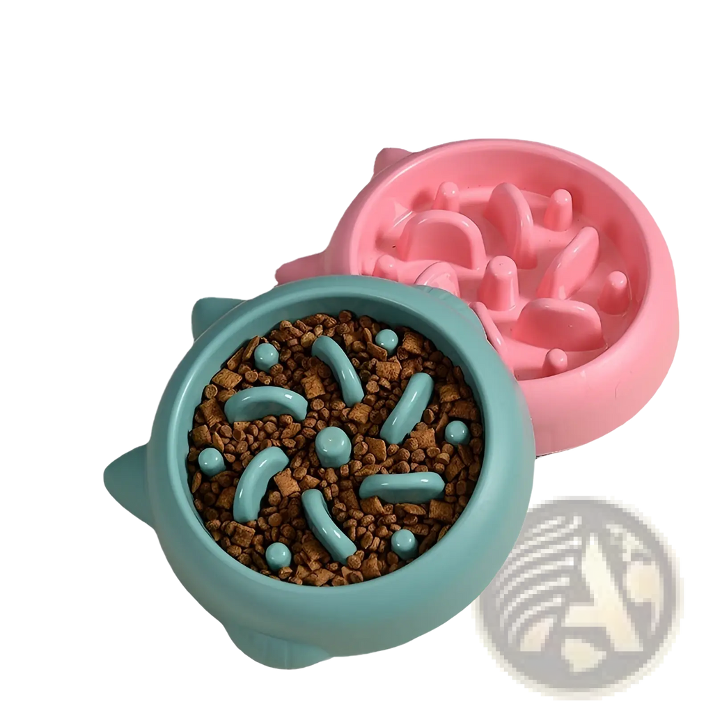 Pastel blue and pink cat-shaped silicone slow feeder dog bowls with raised curved ridges to control pet food intake