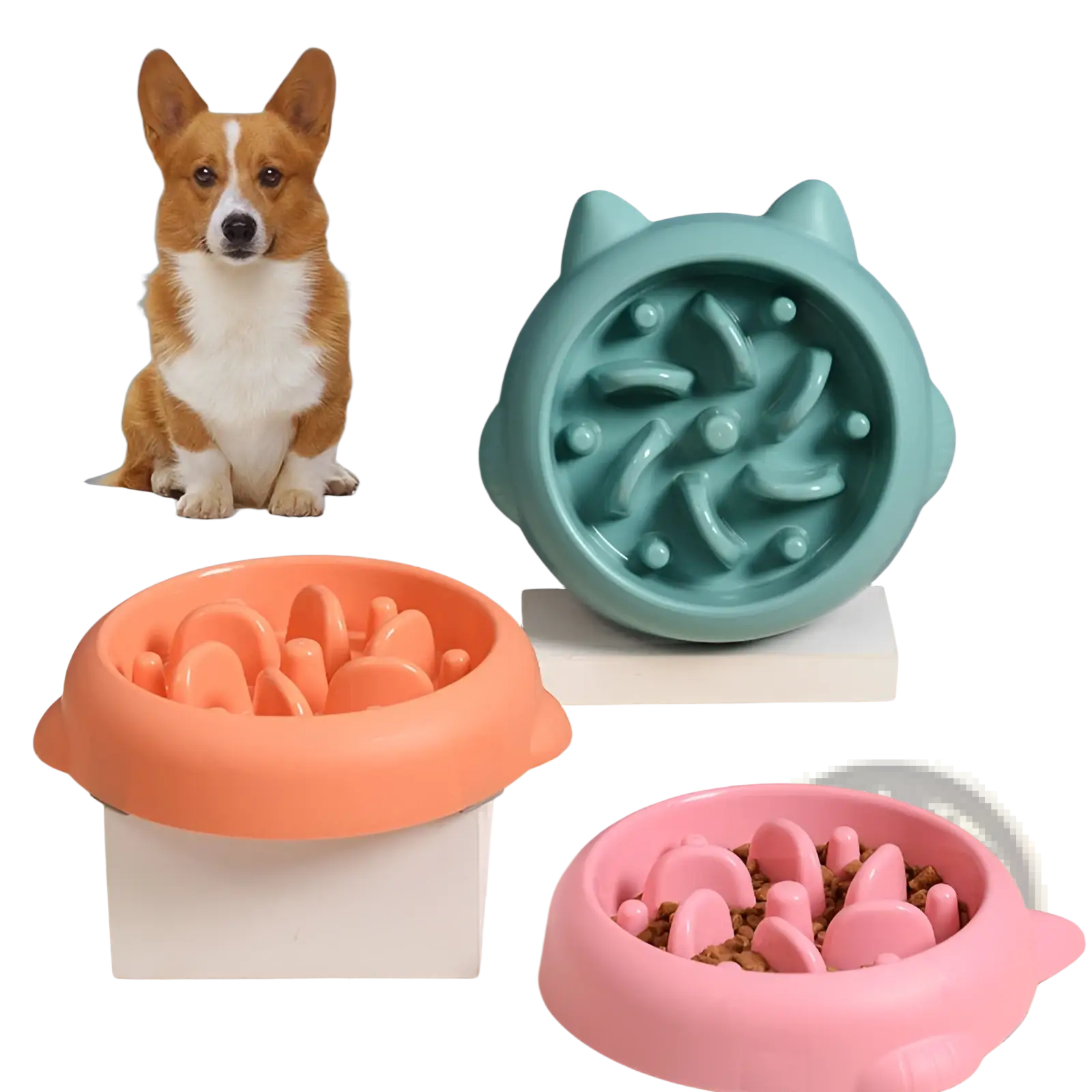 Pastel-colored silicone slow feeder dog bowl with cat ear handles and textured ridges for anti gulping