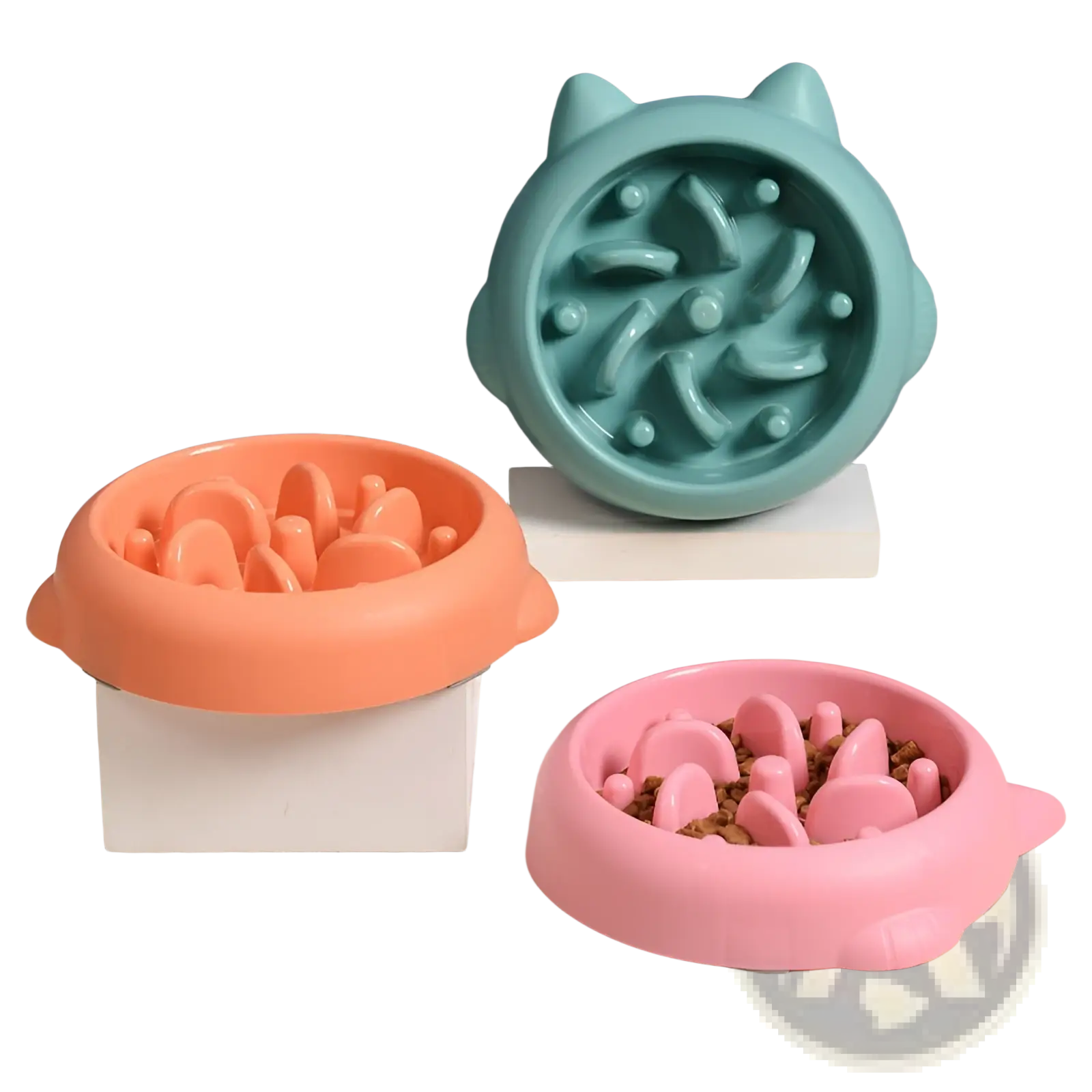 Pastel-colored silicone slow feeder dog bowl with cat ear design and textured pet-friendly anti gulping surface