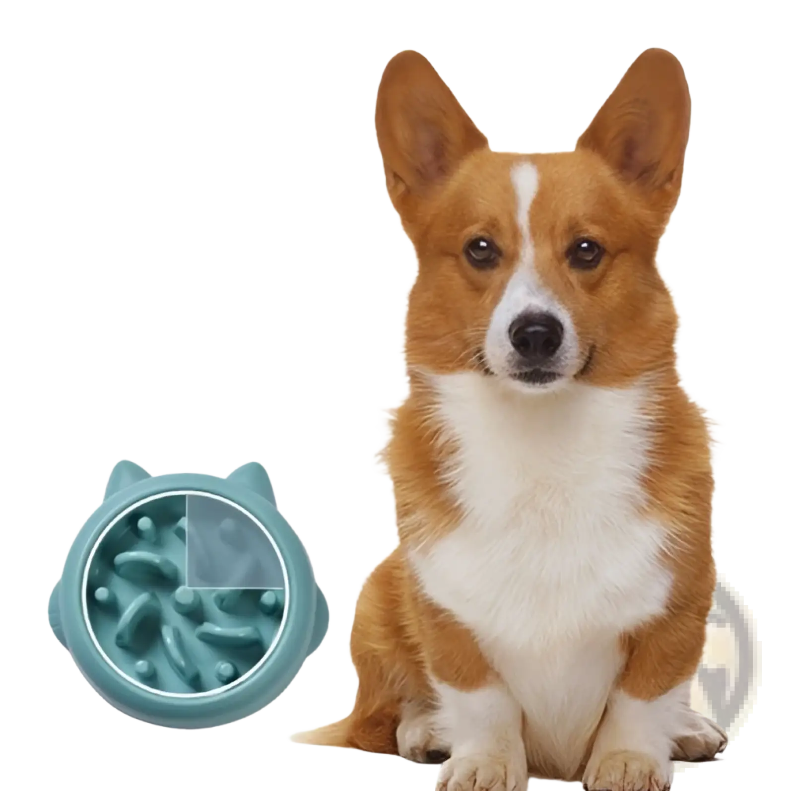 Teal cat-shaped slow feeder dog bowl made of silicone with raised textured ridges for anti gulping feeding