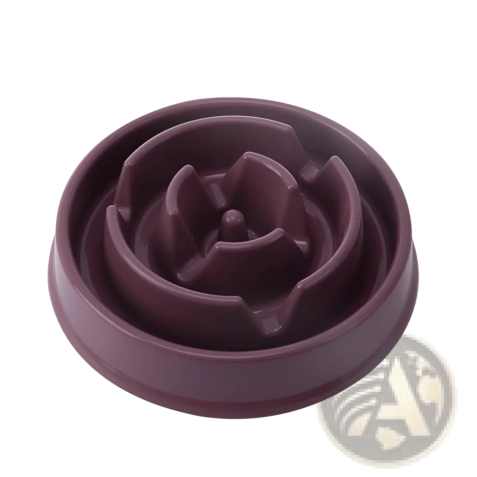 Purple plastic slow feeder dog bowl with spiral maze design for anti slip pet feeding and portion control