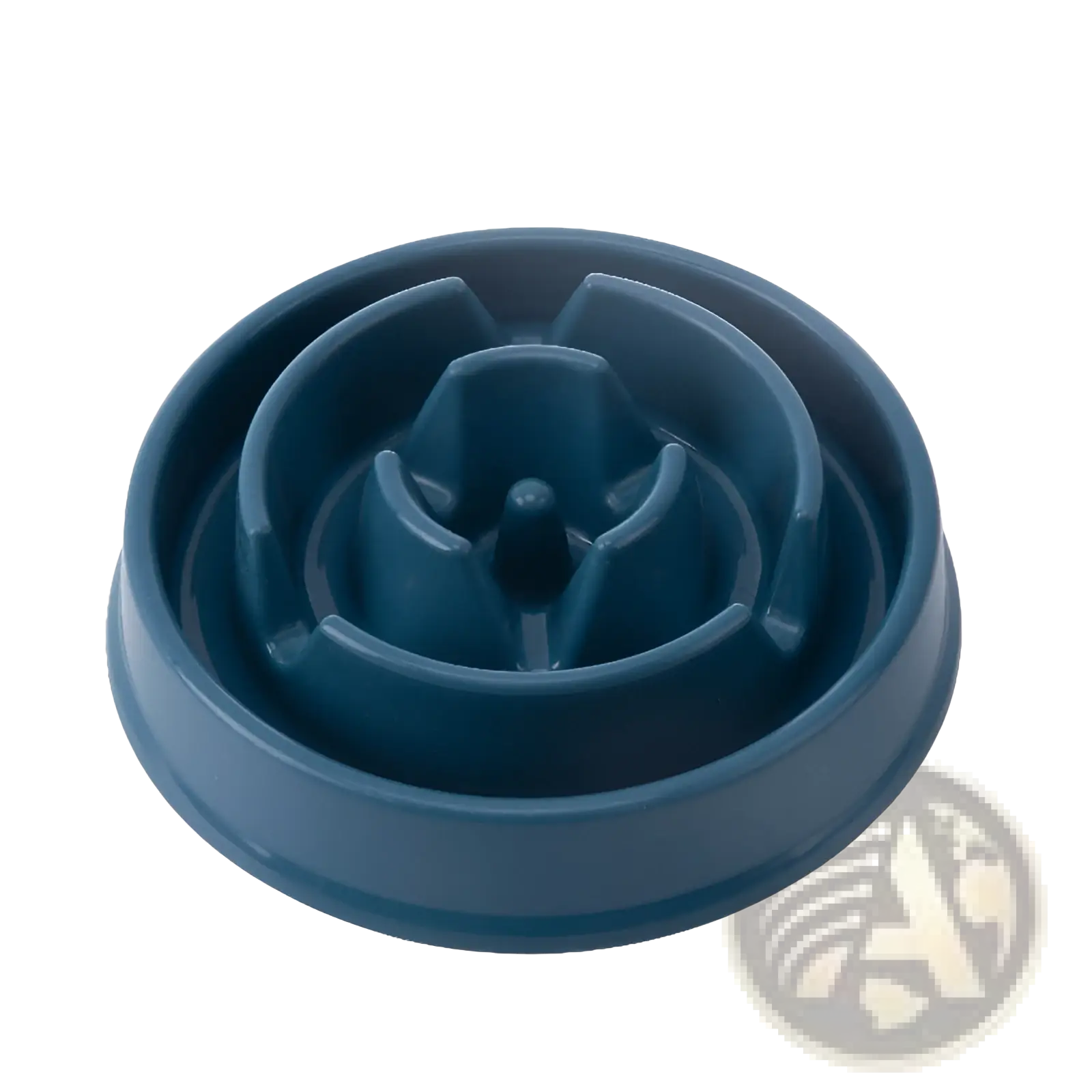 Dark blue plastic slow feeder dog bowl with anti slip base and concentric maze compartments for pet feeding