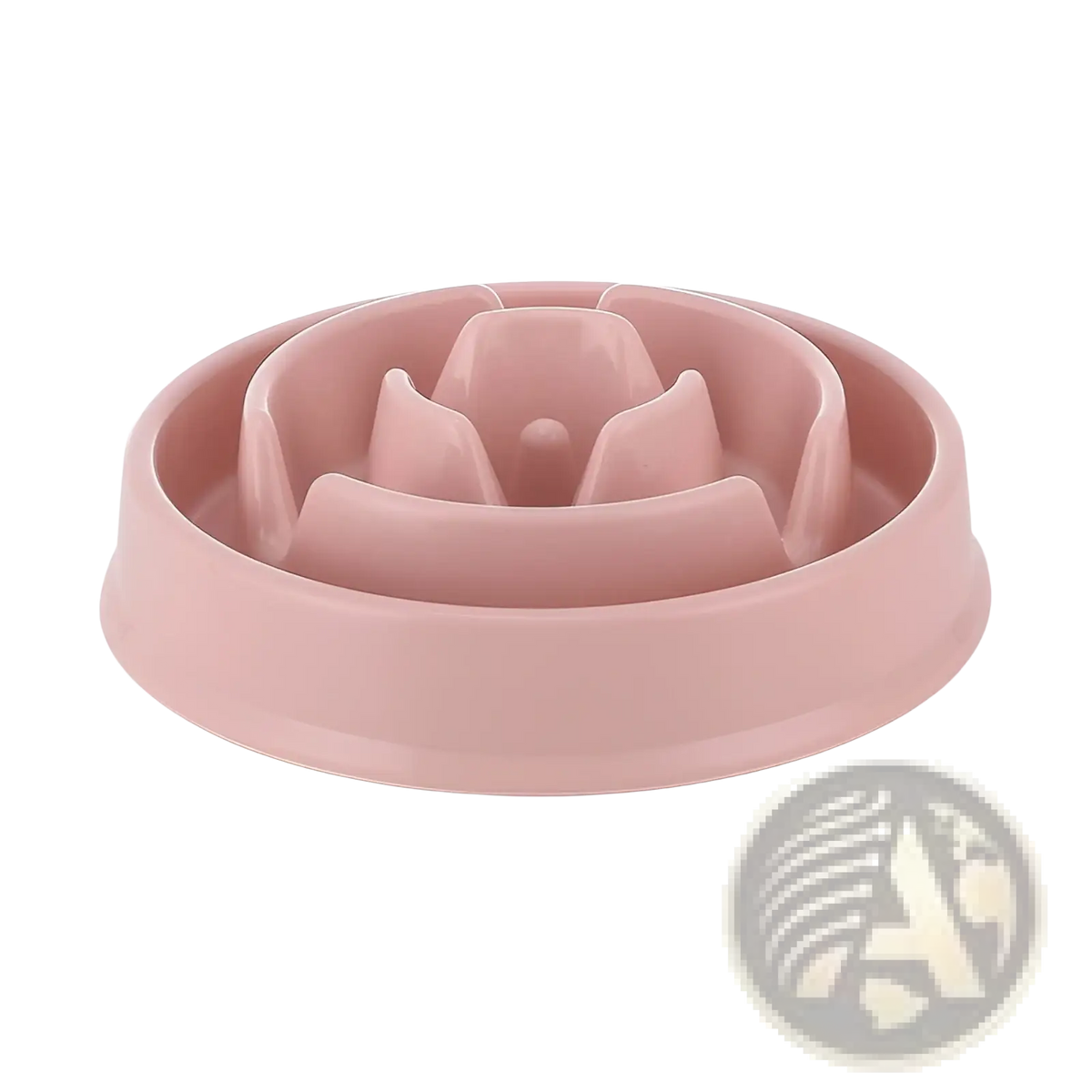 Pink plastic slow feeder dog bowl with flower-like maze design and anti-slip base for pet feeding