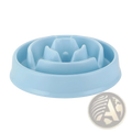 Light blue plastic slow feeder dog bowl with spiral maze design and anti slip base for pet feeding