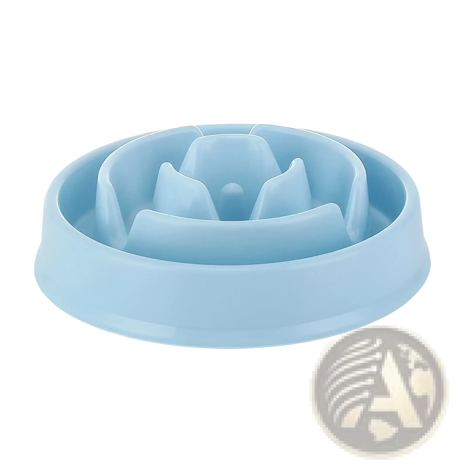 Light blue plastic slow feeder dog bowl with spiral maze design and anti slip base for pet feeding