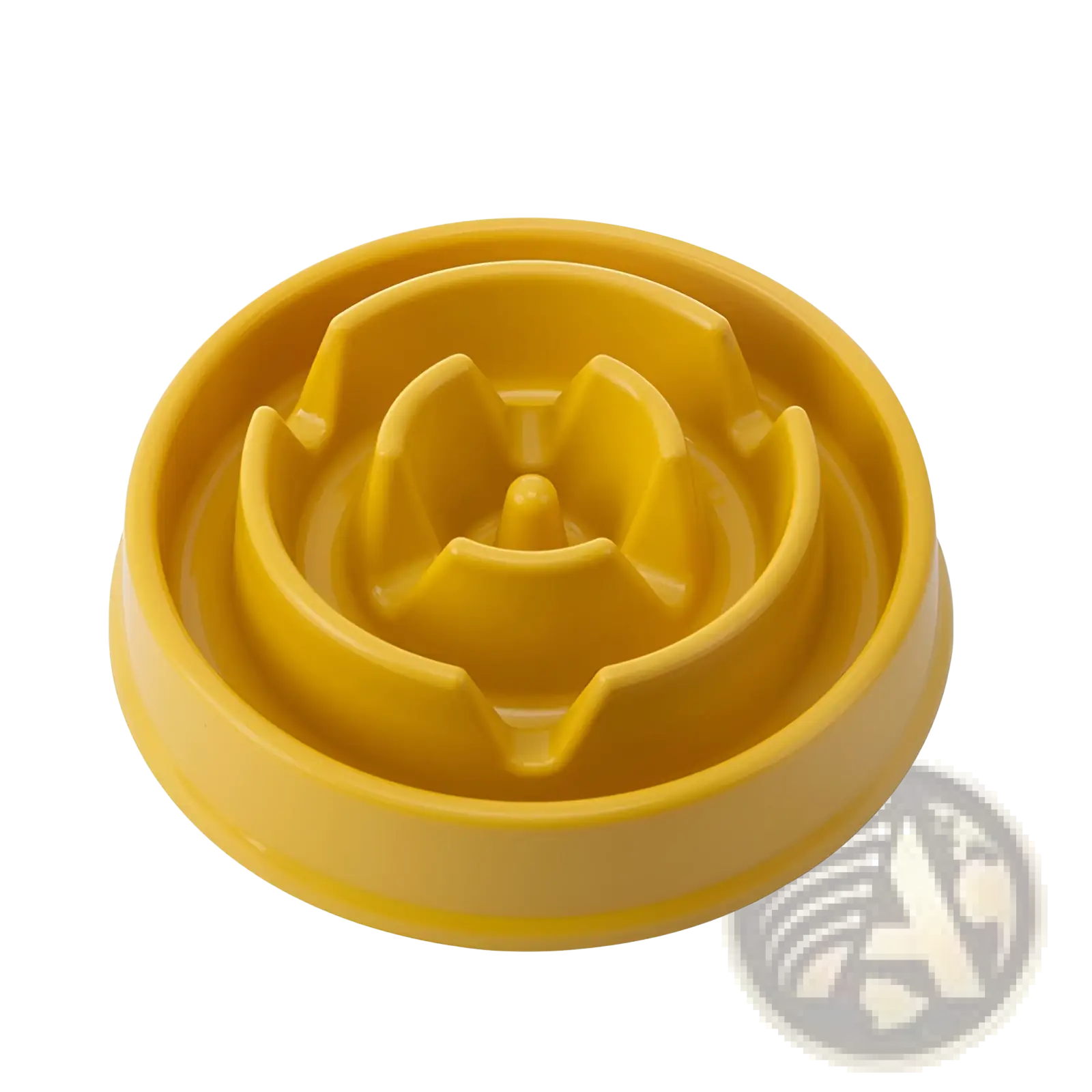 Yellow plastic slow feeder dog bowl with central spike and multiple feeding channels for anti slip pet feeding