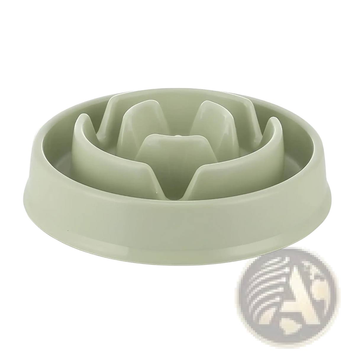 A light sage green glossy plastic slow feeder dog bowl with anti slip petal design for maze feeding