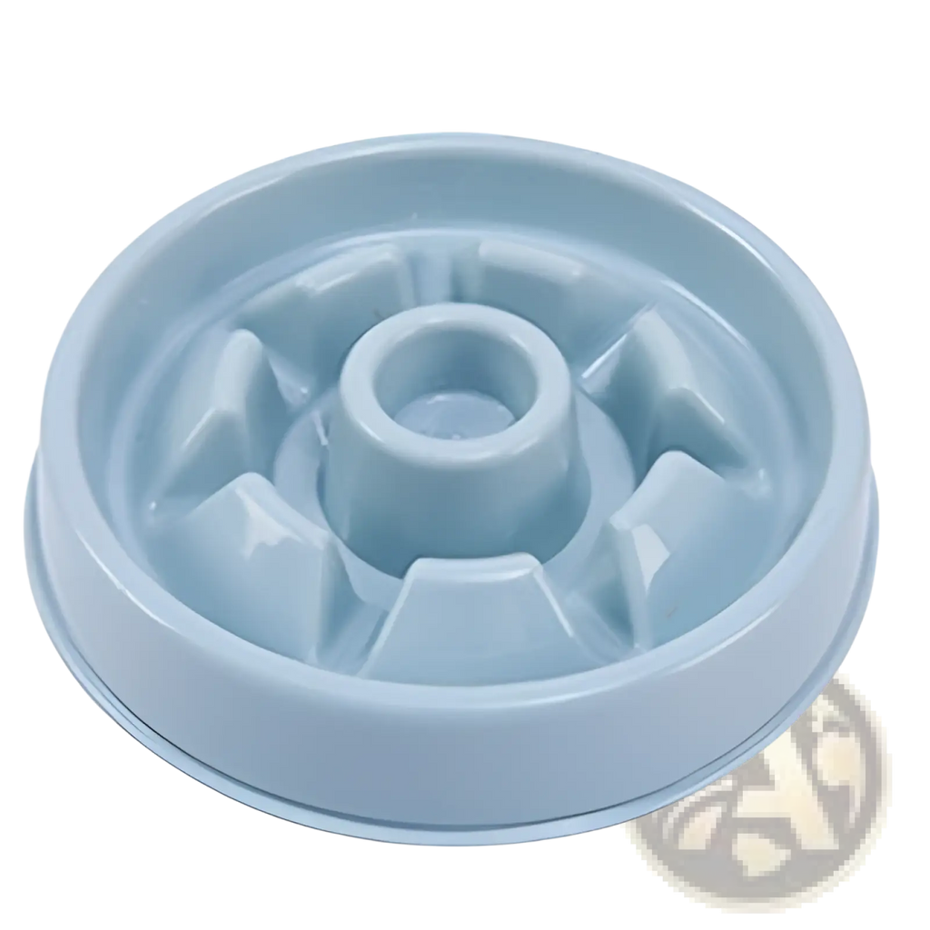 Light blue plastic slow feeder dog bowl with central hole and raised angular compartments for anti choke feeding