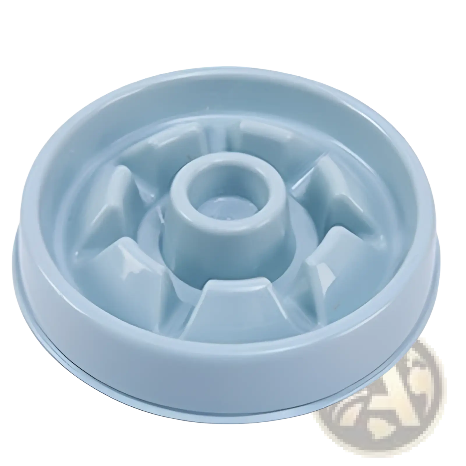 Light blue plastic slow feeder dog bowl with central hole and raised angular compartments for anti choke feeding