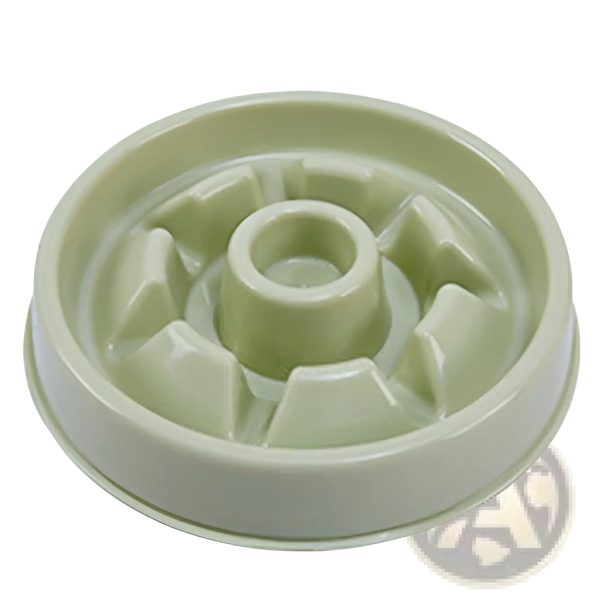 Light green plastic slow feeder dog bowl with central raised hub and radiating ridges to prevent choking