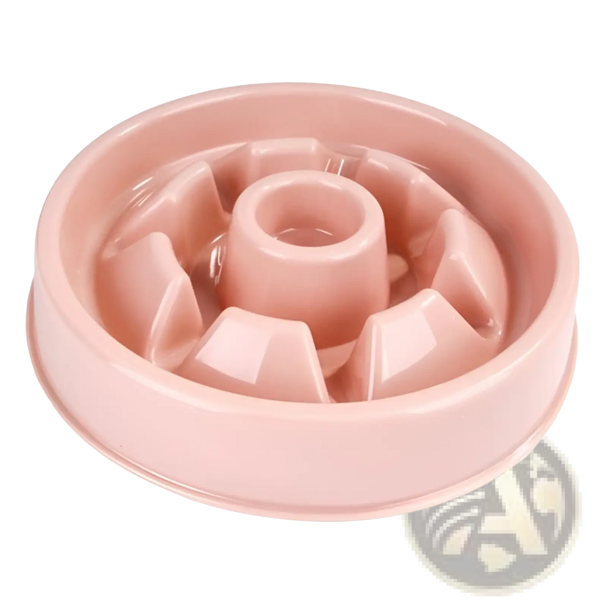 Pink plastic slow feeder dog bowl with central column and compartments for anti choke feeding