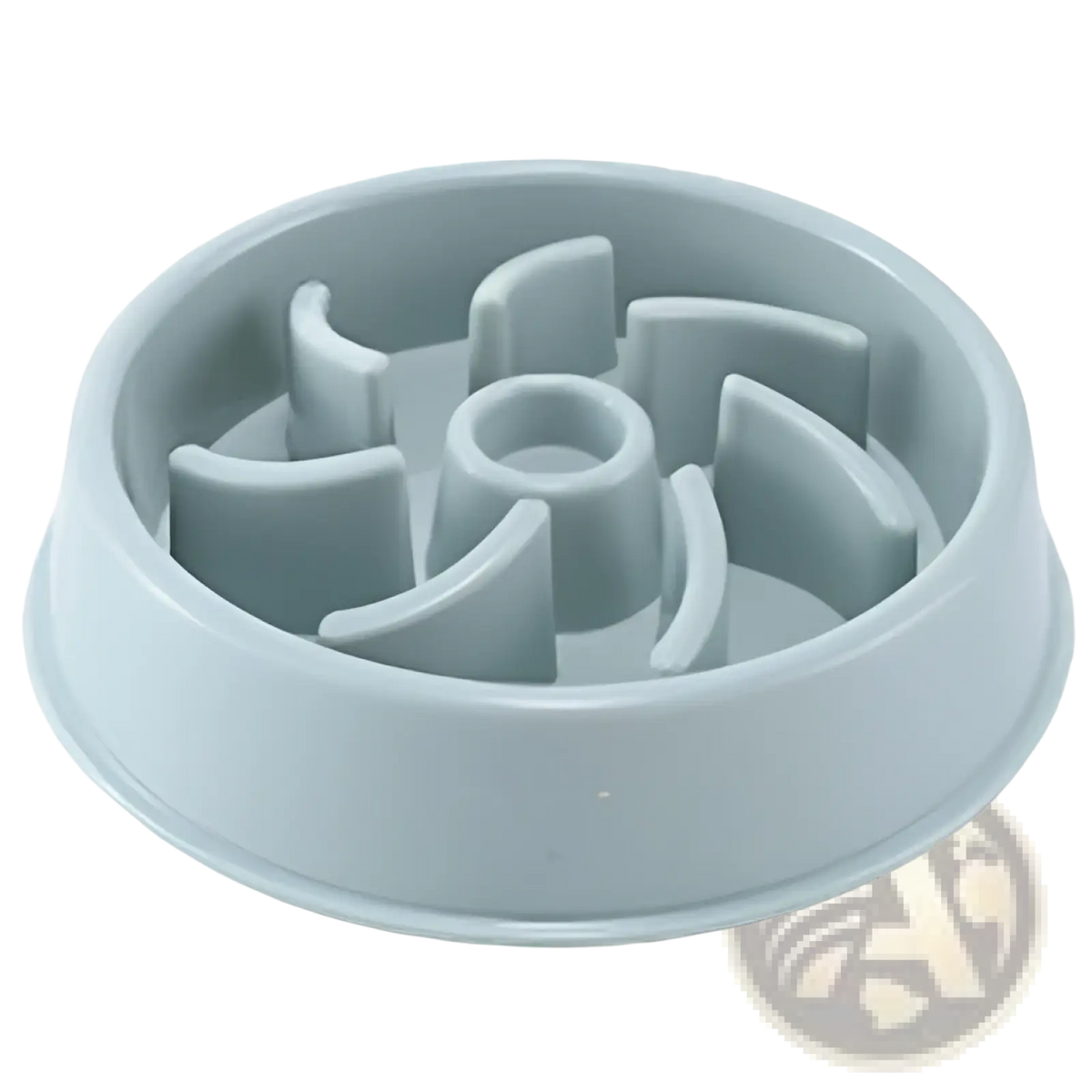 Light gray plastic slow feeder dog bowl with central hub and curved partitions for anti choke feeding