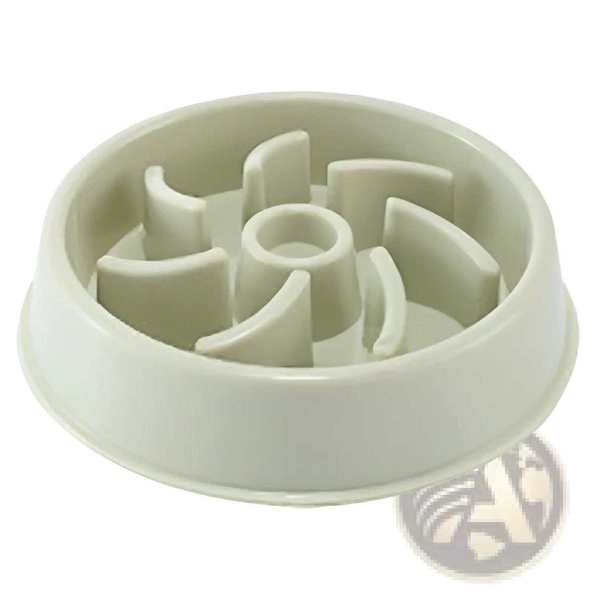 Off-white plastic slow feeder dog bowl with central hub and curved partitions for anti choke feeding