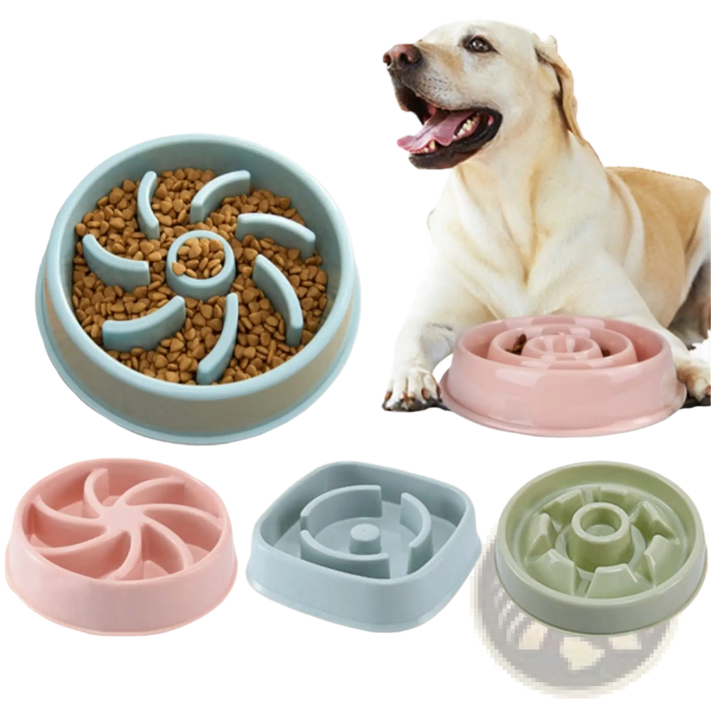 Pastel-colored silicone slow feeder dog bowls with spiral and maze-like designs for anti-choke feeding