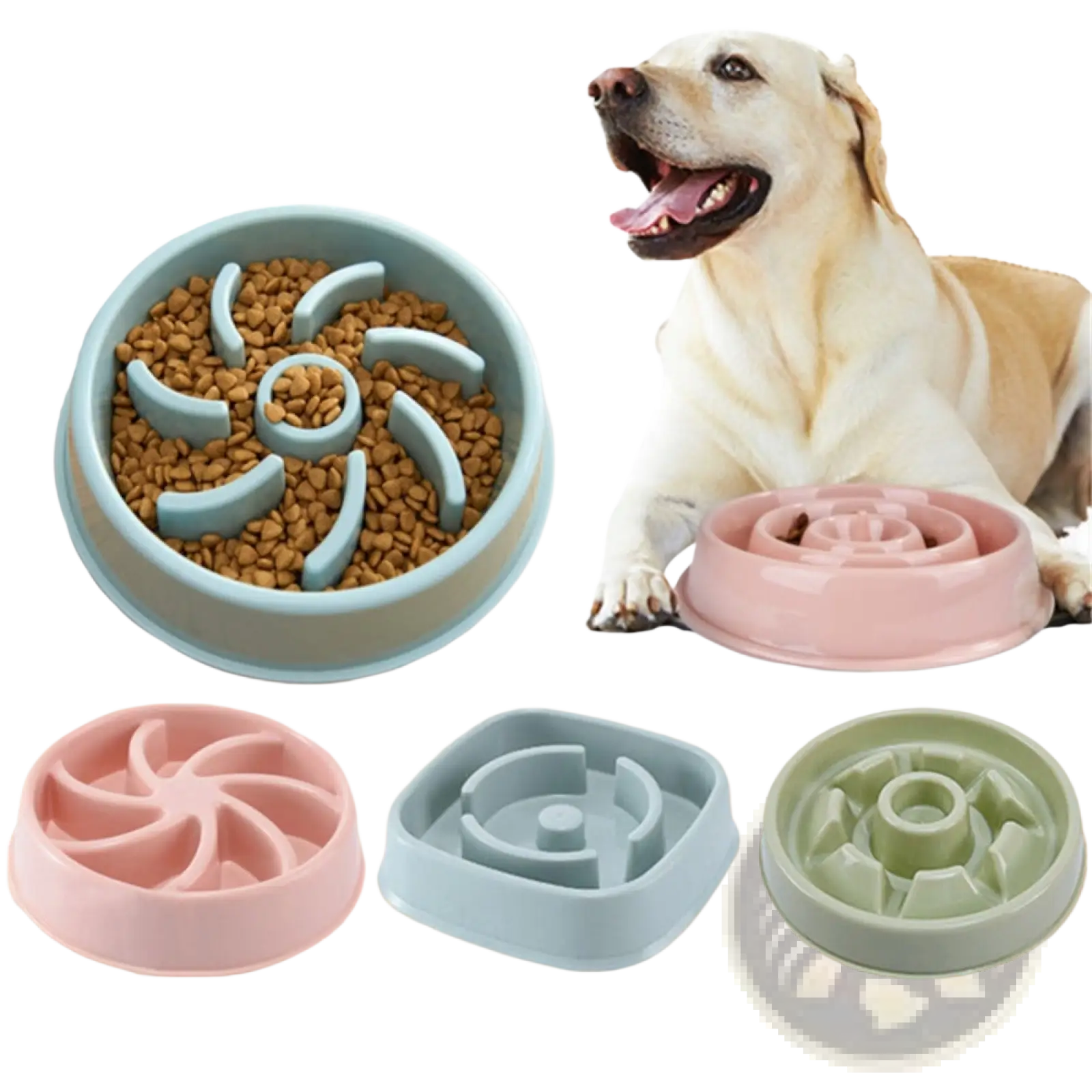 Pastel-colored silicone slow feeder dog bowls with spiral and maze-like designs for anti-choke feeding