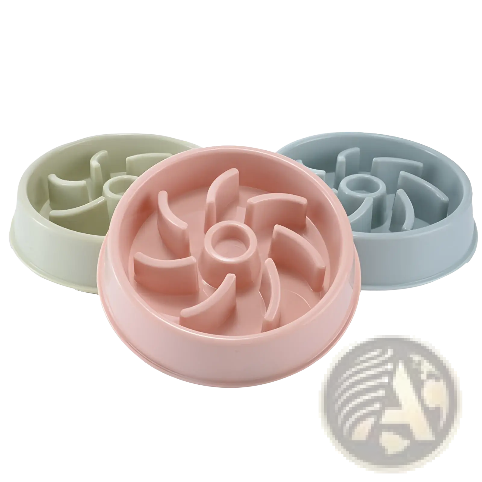 Pastel pink plastic slow feeder dog bowl with central hub and curved dividers for anti choke feeding