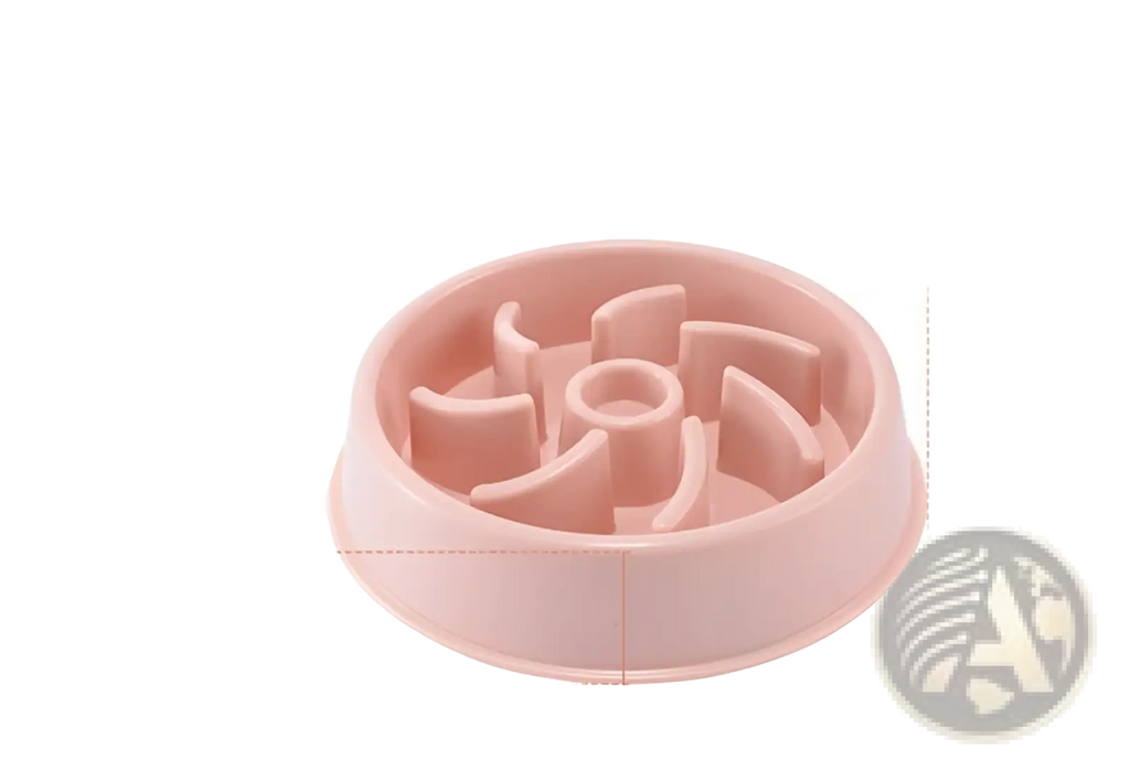 Pink plastic slow feeder dog bowl with circular multi compartment design for anti choke feeding