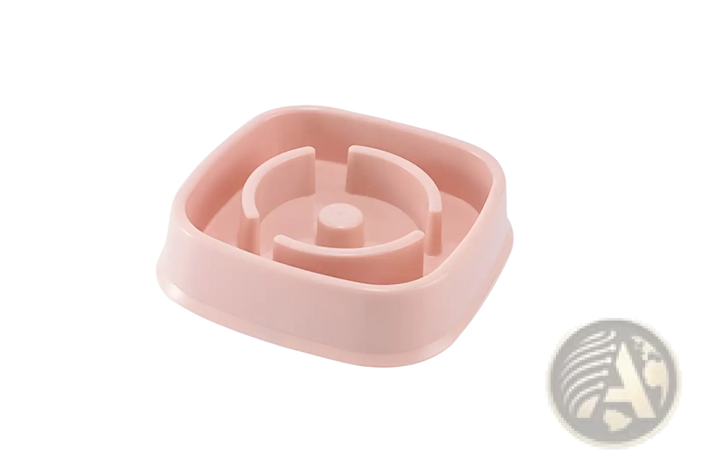 Pink plastic slow feeder dog bowl with spiral maze design for anti choke pet feeding and slow eating
