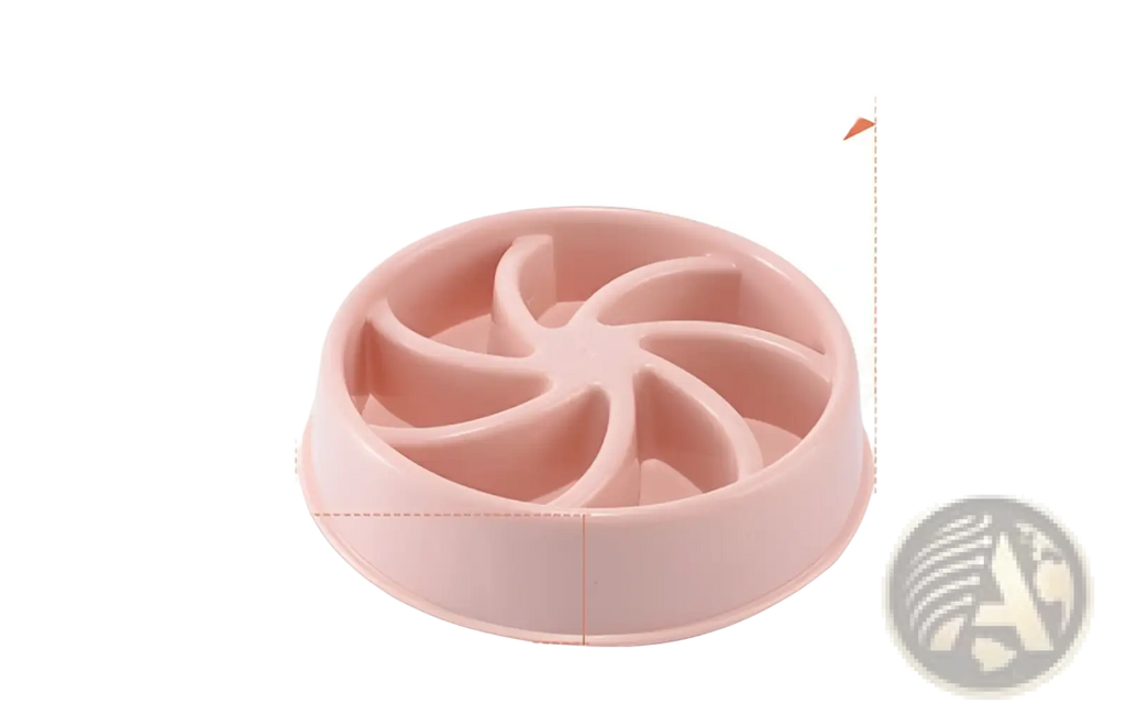 Pink plastic slow feeder dog bowl with circular fan-like design and multiple compartments for anti choke feeding