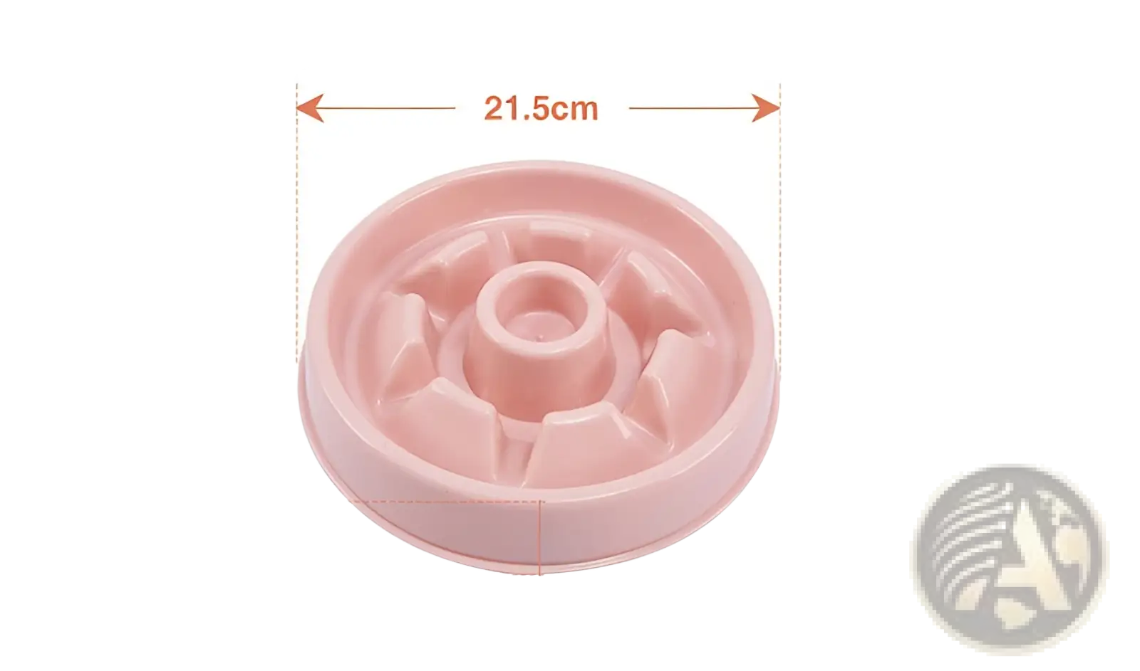 Pink plastic slow feeder dog bowl with central hole and radial ridges designed as an anti choke pet dish